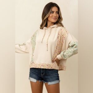 Beige floral color block patchwork French terry 
pullover sweatshirt hoodie top